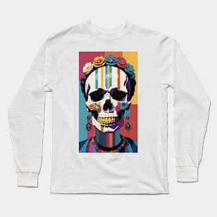 Frida's Striped Sugar Skull: Illustrated Tribute Long Sleeve T-Shirt